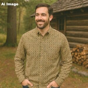 VTG Woolrich Men 2XL Button Down Shirt‎ Long Sleeve 100% Cotton Geo Print Nature